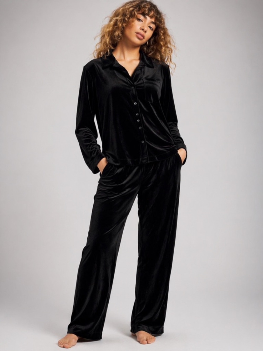 New SOMA Black Velvet Pajama Set Luxe Lounge Button Top Relaxed Pants M/L